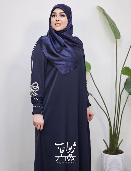 عبا پاپيون جواهردوزی ساتن جوليا سرمه ای