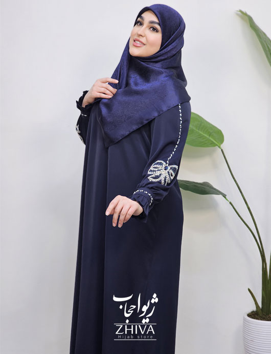 عبا پاپيون جواهردوزی ساتن جوليا سرمه ای
