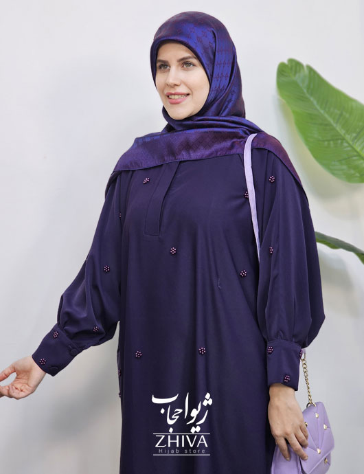 مانتو عبایی ترنج گل مرواریدی سرمه ای