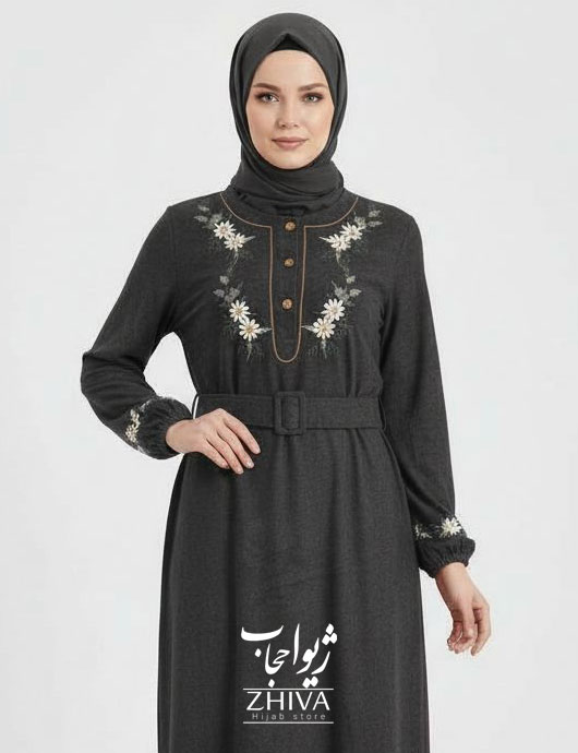 عبا مخمل کبریتی بابونه کمربند دار نوك مدادی كد 3