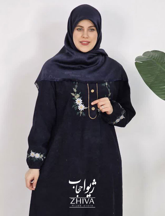 عبا مخمل کبریتی بابونه کمربند دار سرمه ای كد 8