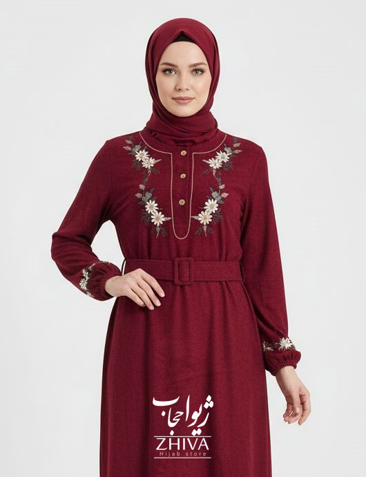 عبا مخمل کبریتی بابونه کمربند دار