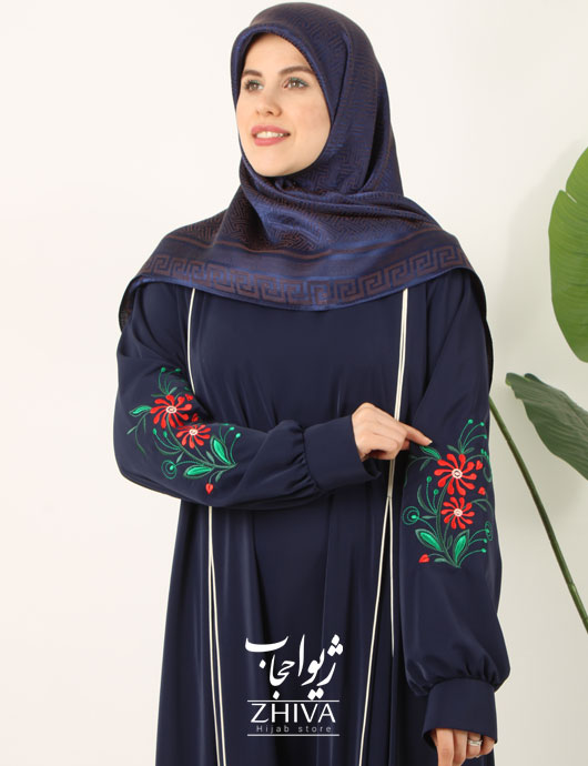 مانتو عبایی ترنم گلدوزی سرمه ای