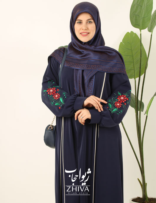 مانتو عبایی ترنم گلدوزی سرمه ای