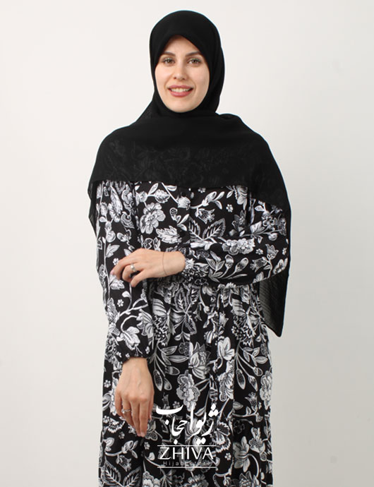 پيراهن ساحلی نخی سفيد مشكی سه طبقه چين كد 2