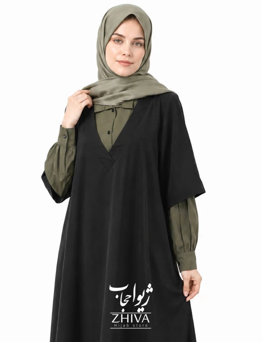 مانتو عبایی شهرزاد  مشكی و سبز خاكی كد 9