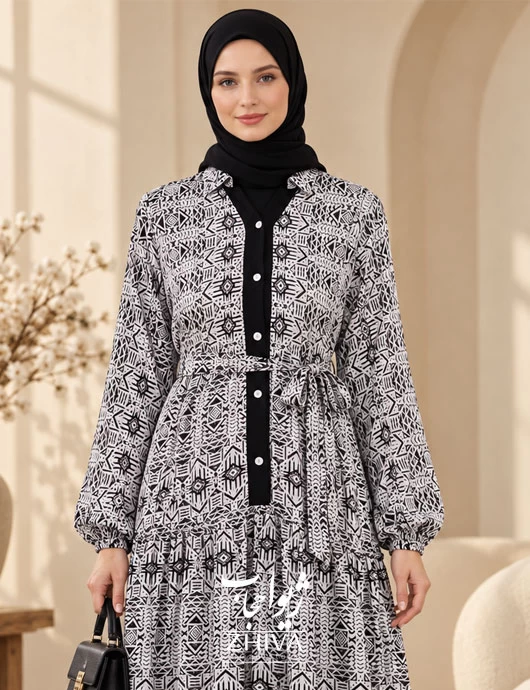 پيراهن ساحلی نخی سفيد مشكی
